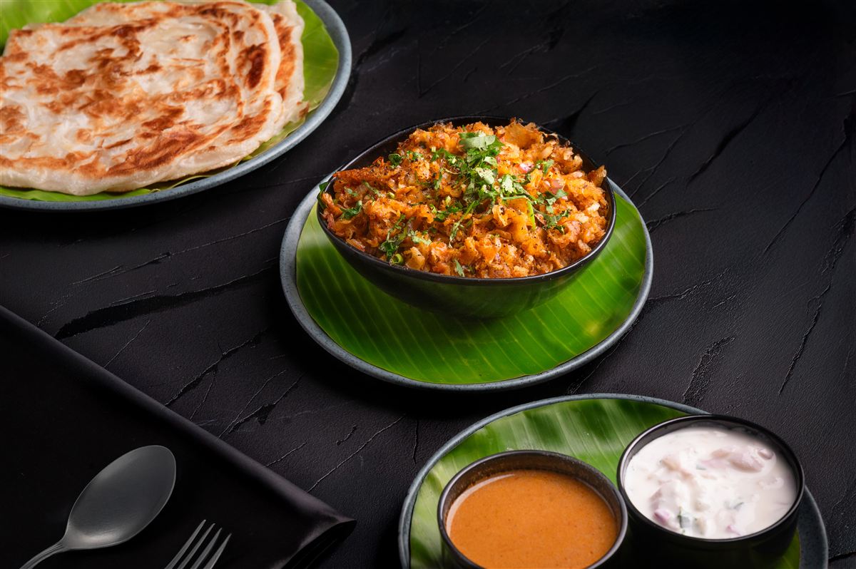 Kothu Parotta with Raita & Salna